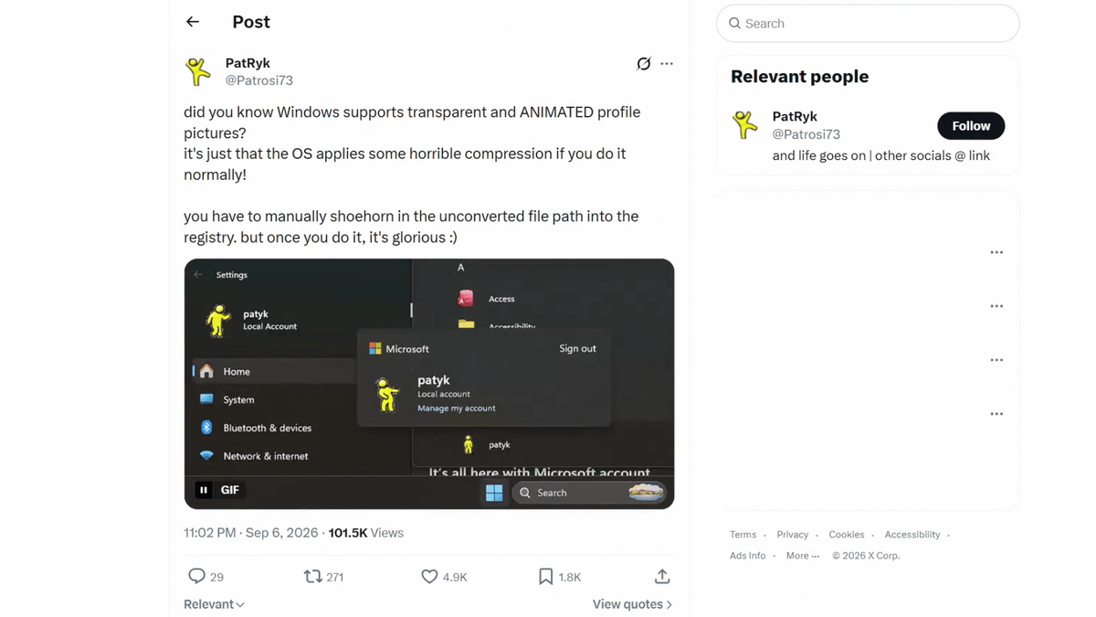 Анимированный GIF-аватар в Windows 11
