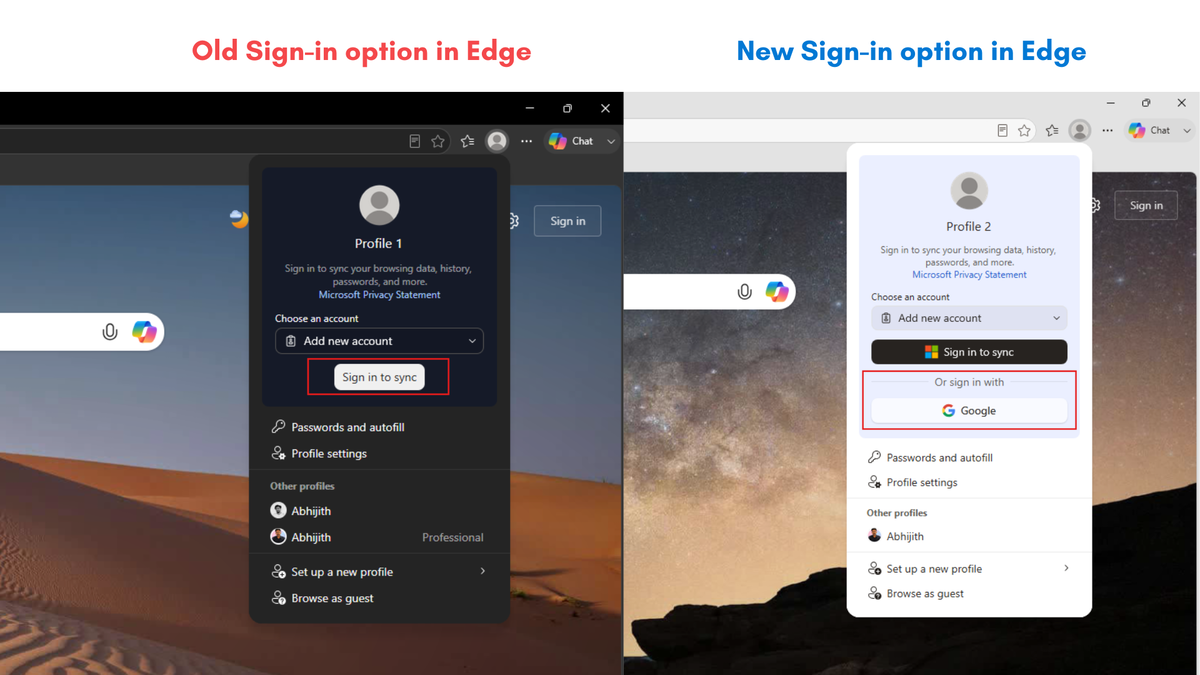 Сравнение меню входа в Edge с аккаунтом Google