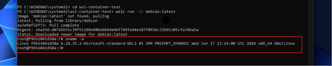 Запуск uname -a внутри WSL-контейнера подтверждает, что это настоящее ядро Linux, а не прослойка трансляции