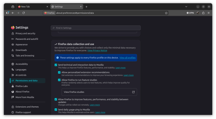 Firefox 152 settings page showing new categorisation.