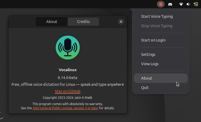 Диалог «О программе» и меню настроек Vocalinux