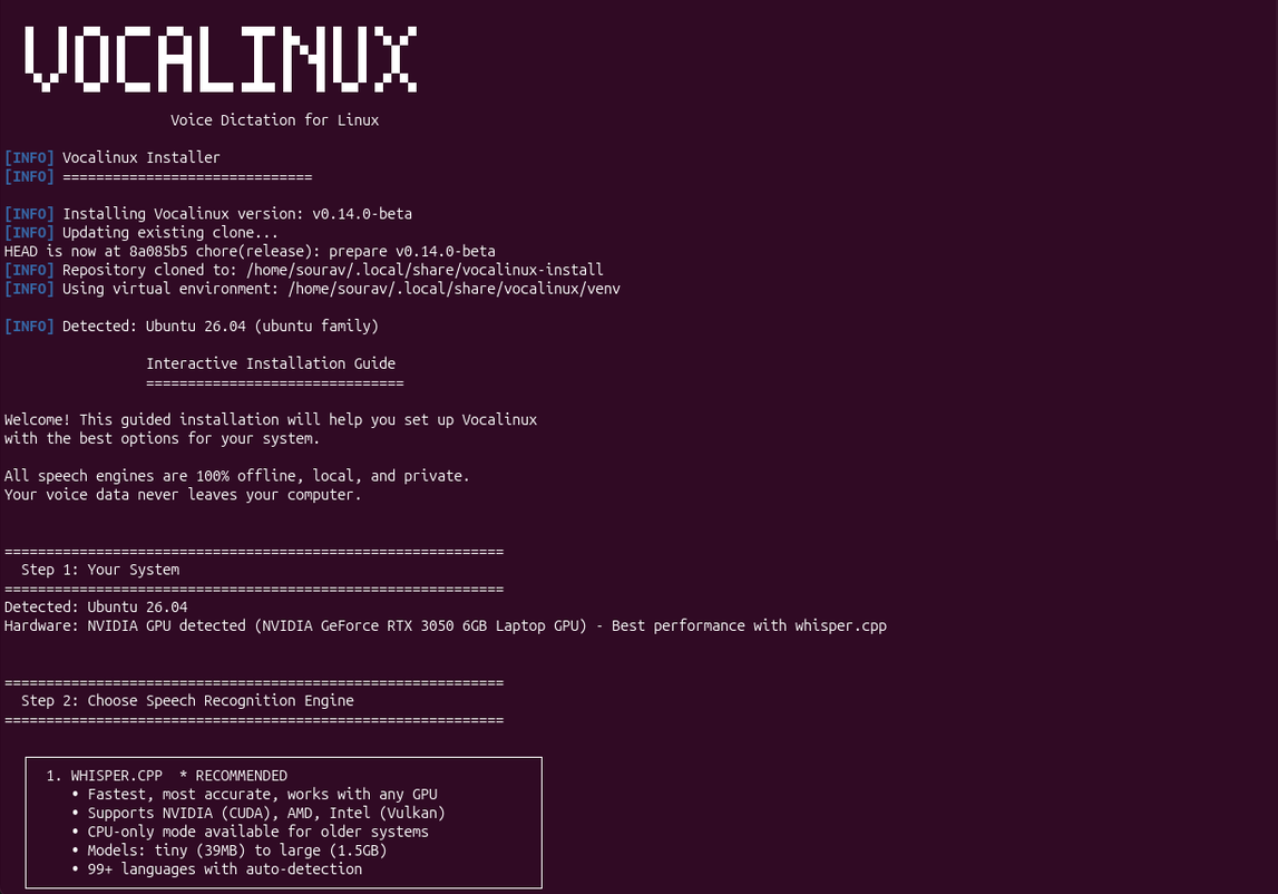 Установщик Vocalinux в терминале Ubuntu