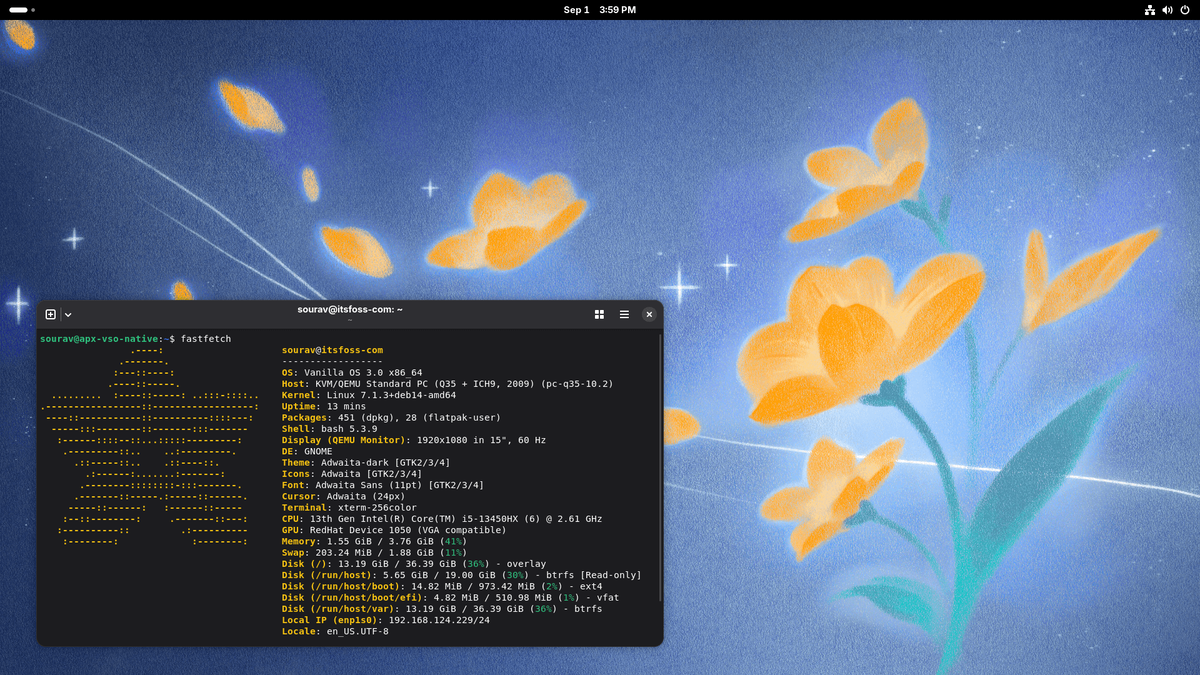 вывод fastfetch для Vanilla OS 3 показан в окне терминала слева внизу, а остальную часть изображения занимает рабочий стол GNOME с обоями в виде жёлтых цветов (новое дополнение Vanilla OS)