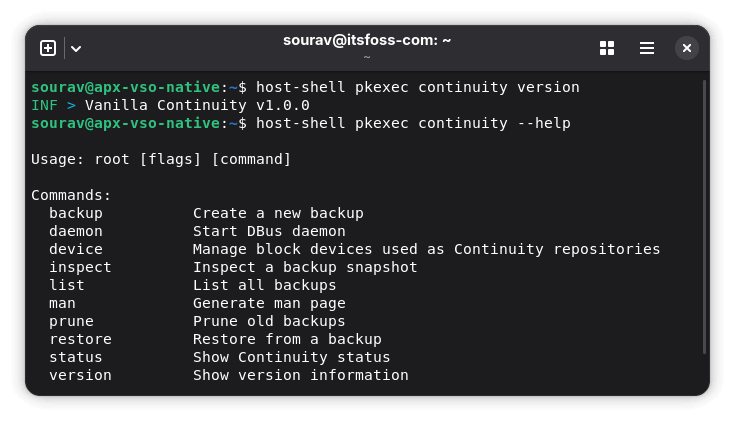 окно терминала с CLI-инструментом резервного копирования Vanilla Continuity