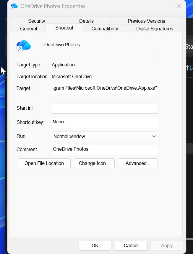 Путь к файлу приложения OneDrive Photos
