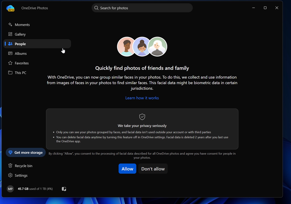 Раздел «Люди» в приложении OneDrive Photos