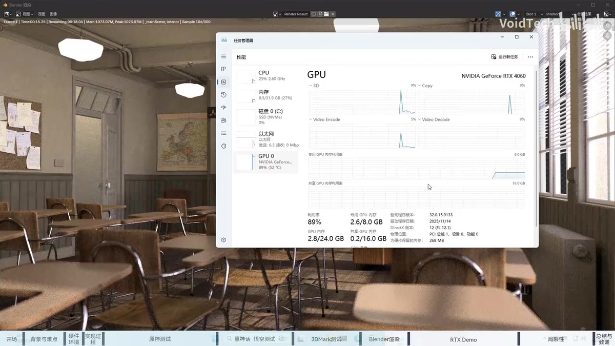 Рендеринг Blender с помощью диспетчера задач показывает RTX 4060 со скоростью ~89%