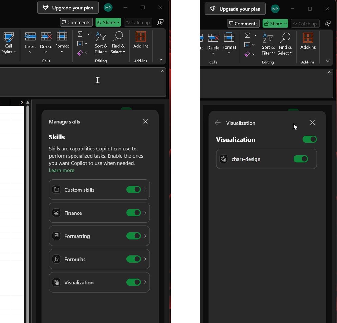 Excel Manage Skills and Enable Chart-design in Copilot