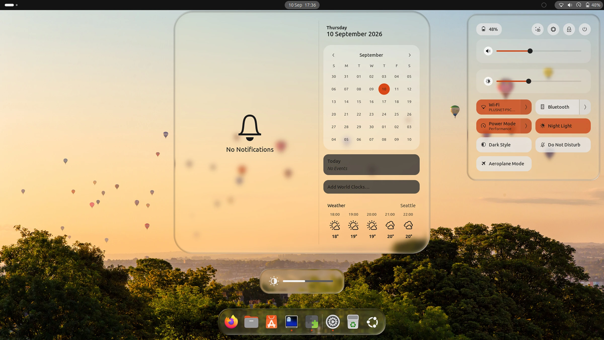 Рабочий стол Ubuntu с эффектом Liquid Glass на элементах GNOME Shell, включая док