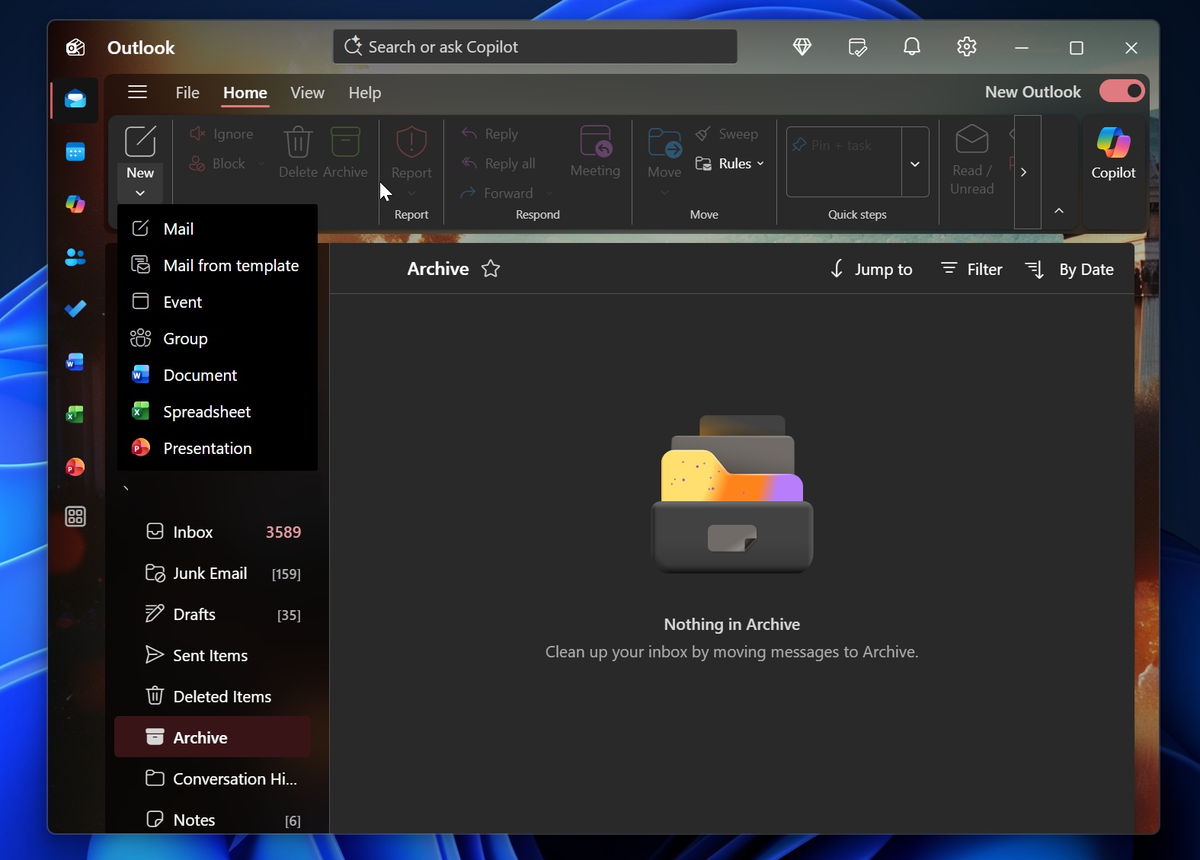 Шаблон в новом Outlook
