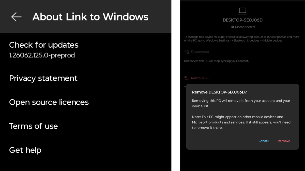 Новая опция удаления ПК в Link to Windows