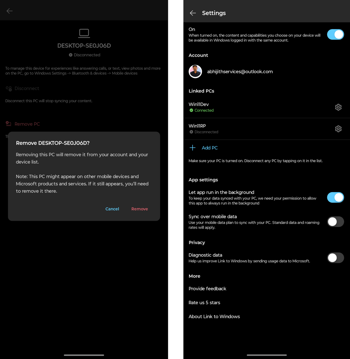 Как удалить ПК из Link to Windows