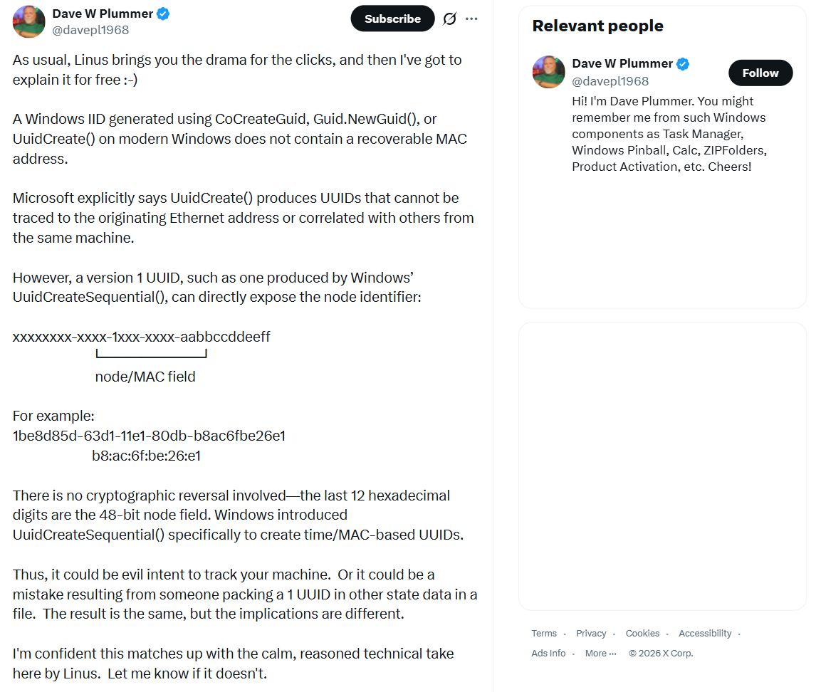 Цитированный пост Дэйва Пламмера в защиту Microsoft касательно GDID
