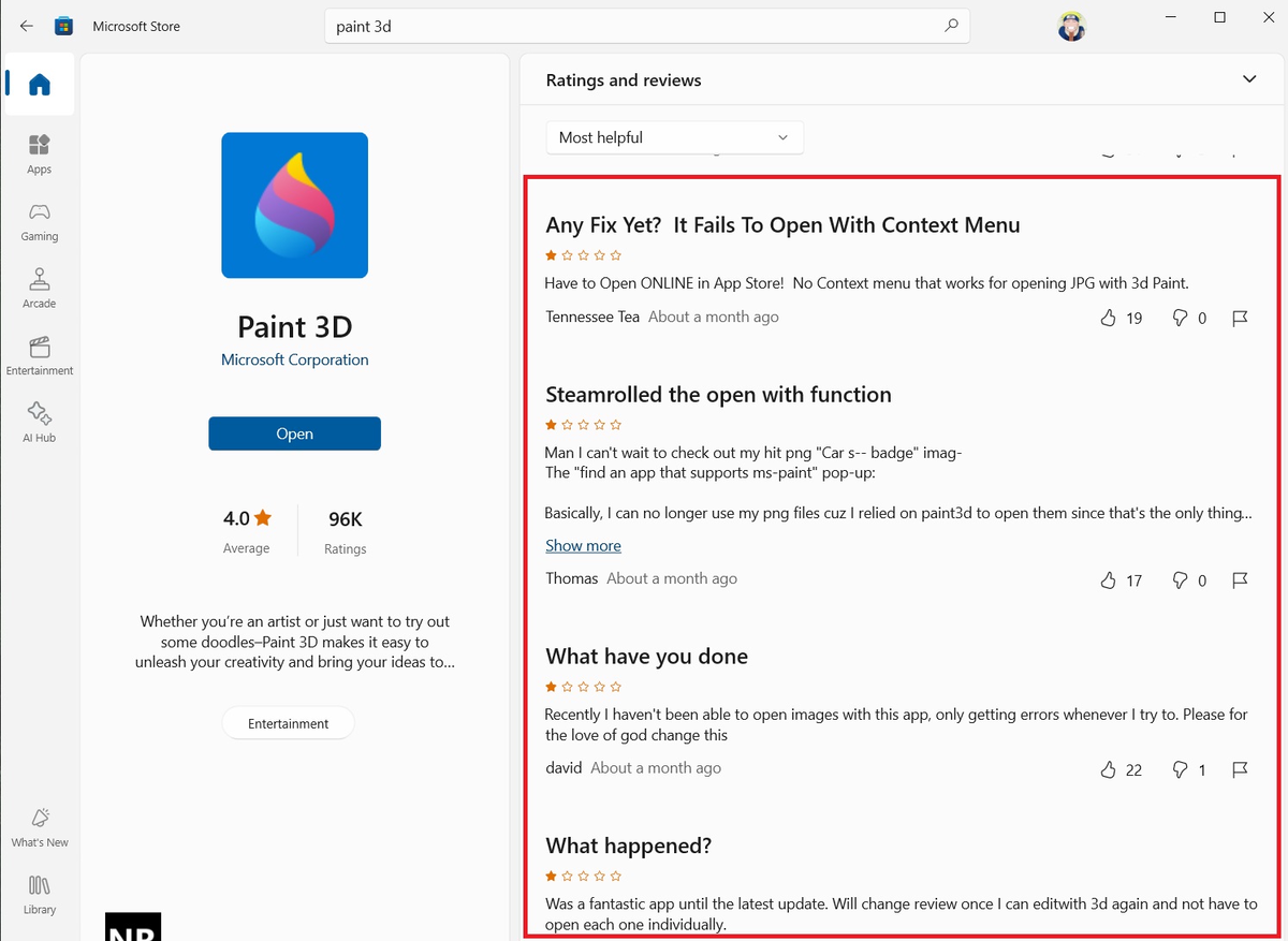 Отрицательные отзывы после того, как Paint 3D пропал из меню "Открыть с помощью" в Windows