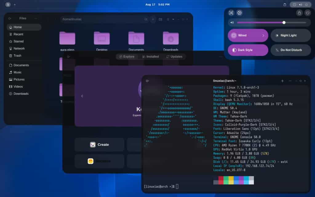 Aura Glass предлагает современный рабочий стол GNOME в стиле матового стекла.