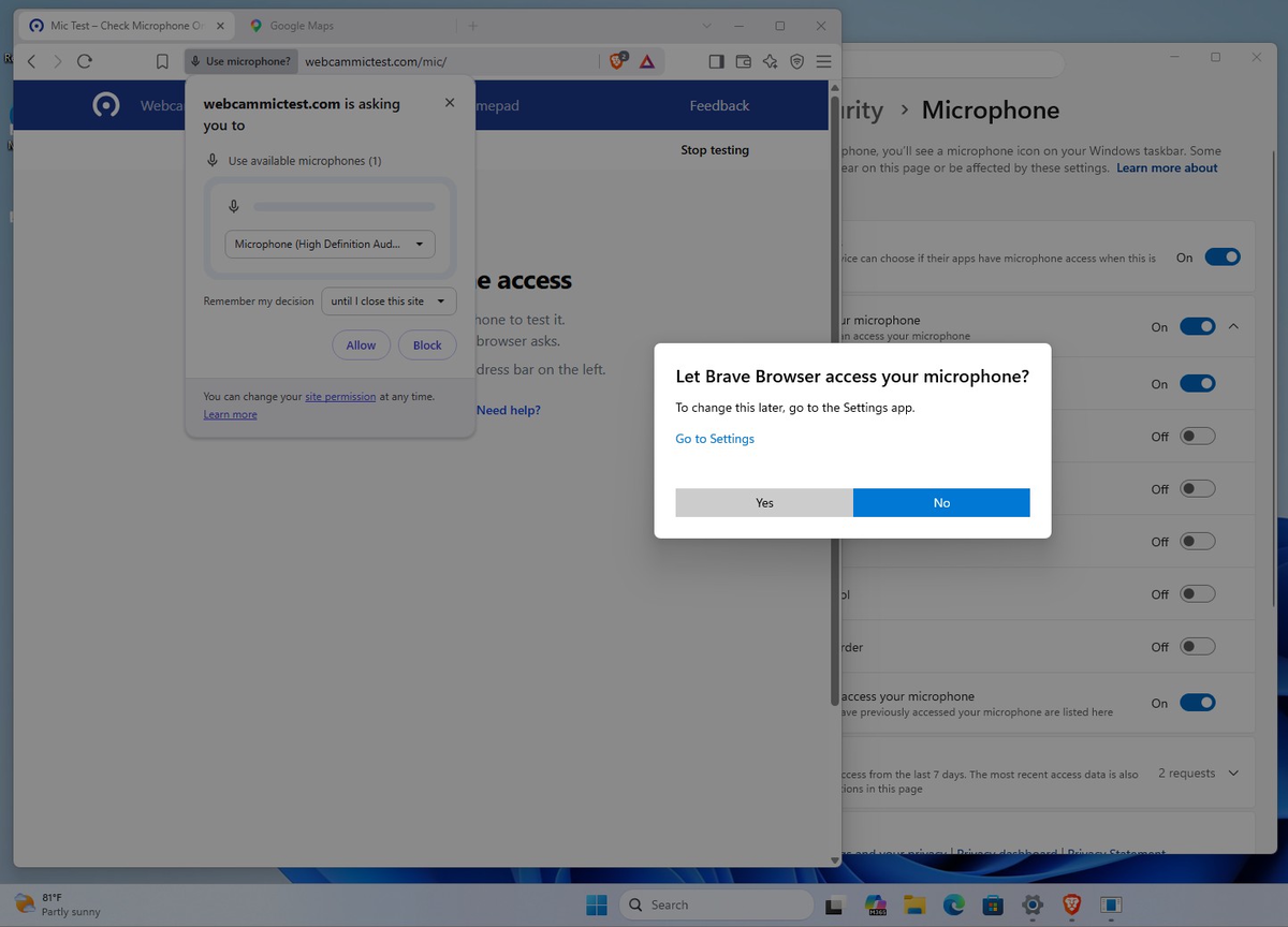 Запрос доступа к микрофону для настольного приложения Brave. Источник: WindowsLatest.com