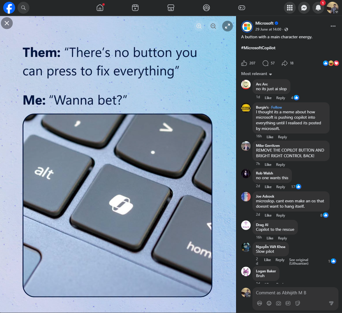 Пост Microsoft в Facebook с восторженными словами о клавише Copilot обернулся против компании