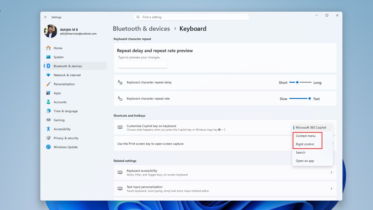 Новая настройка, позволяющая переназначать клавишу Copilot на вызов контекстного меню или правый Ctrl.