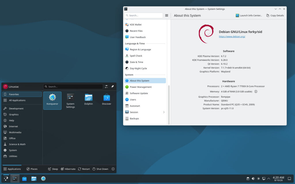Рабочее окружение KDE Plasma 6.7 теперь доступно в Debian Testing.