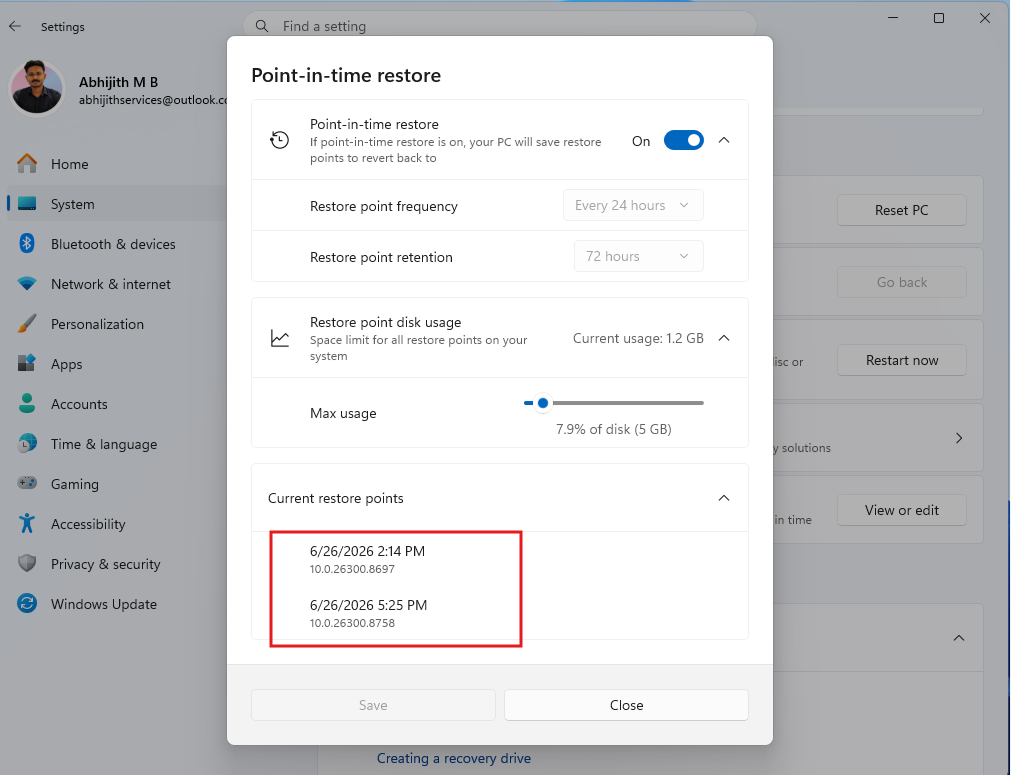 Точки восстановления после включения Point-in-time restore