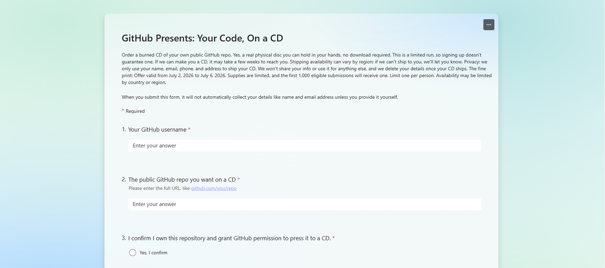 Форма Microsoft "Your Code, On a CD" от GitHub