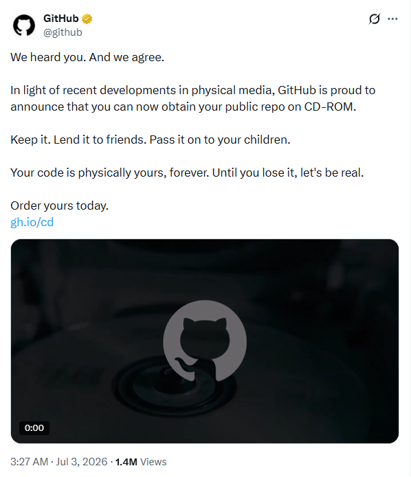 GitHub даёт возможность получить ваш публичный репозиторий на CD-ROM