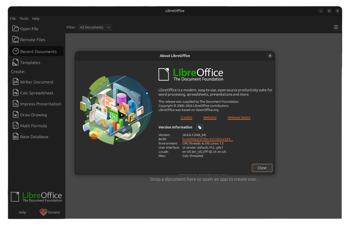Диалог "О программе" в LibreOffice 26.8, на фоне виден остальной интерфейс
