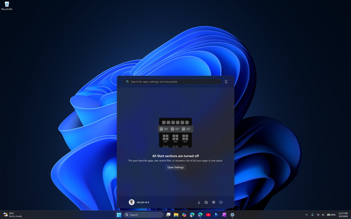 Меню Пуск Windows 11 при отключённых разделах.