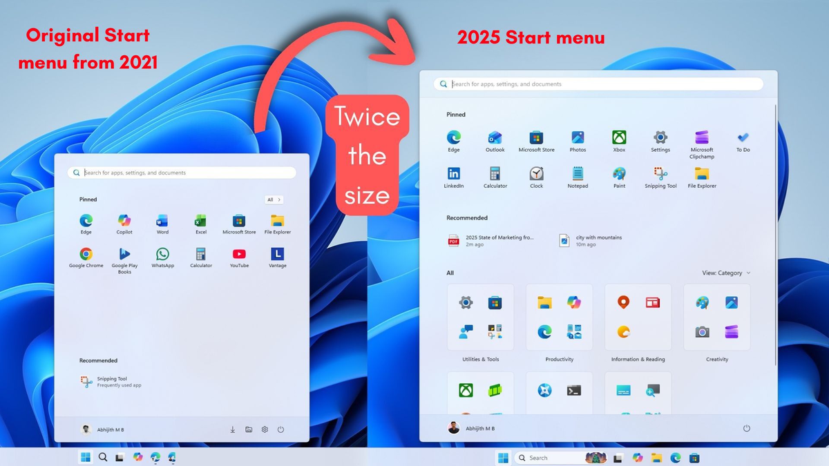 Меню Пуск Windows 11 заметно выросло в 2025 году.