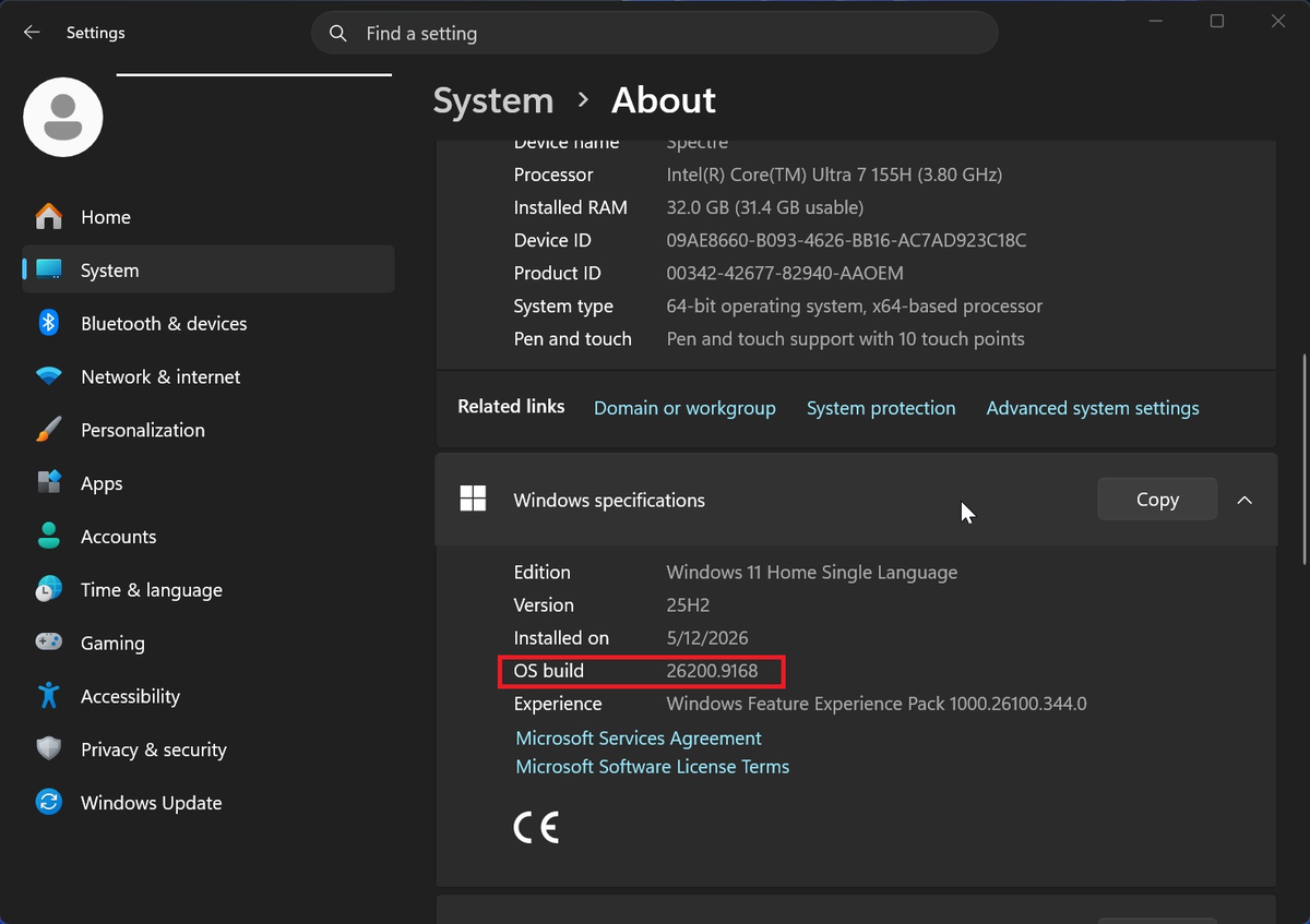 Августовское обновление Patch Tuesday 2026 года обновляет ПК до сборки 26200.9168