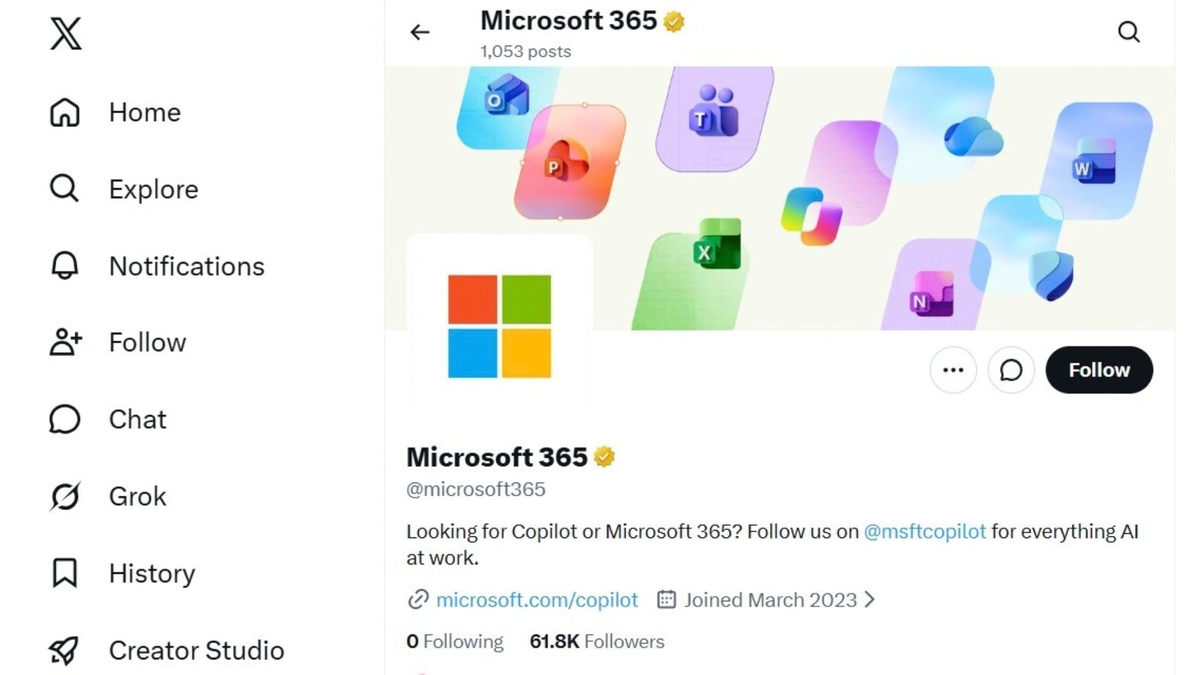 Microsoft изменила описание профиля Microsoft 365 в X, предложив подписаться на MSFTCopilot