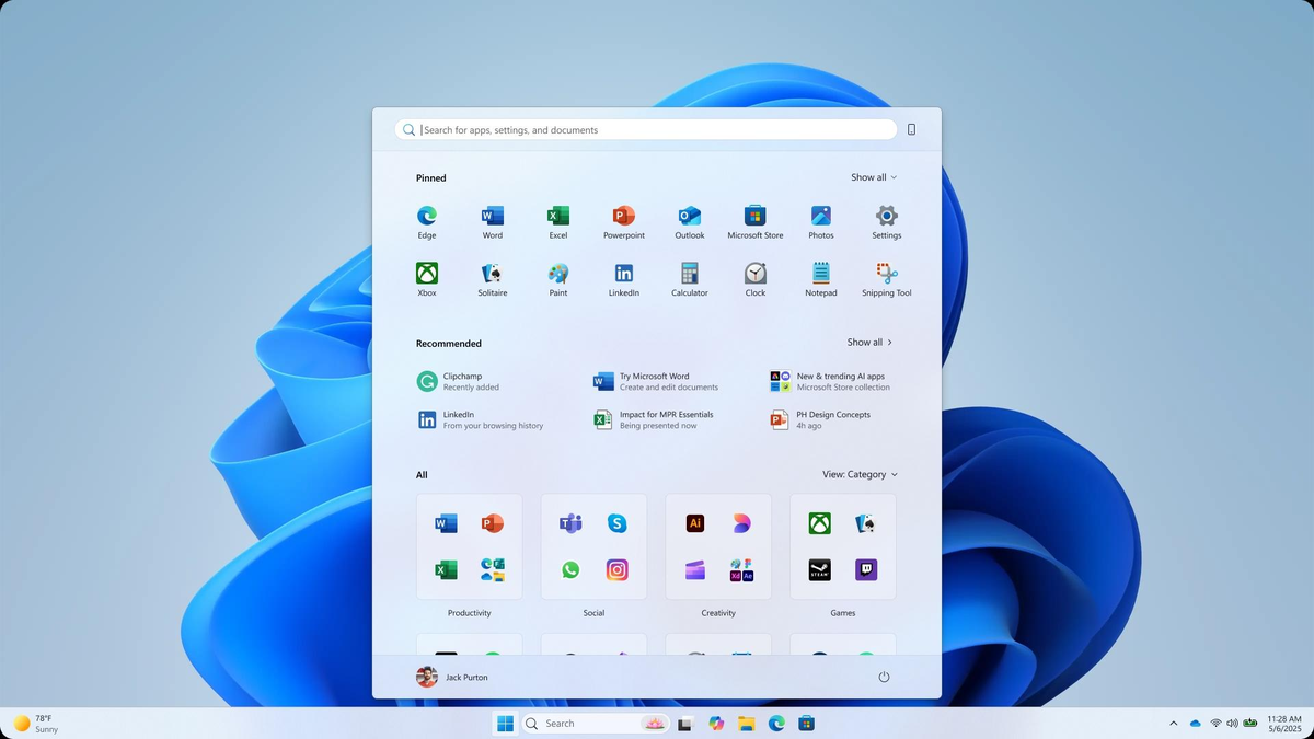Новое меню Пуск Windows 11 с закреплёнными, рекомендуемыми и категоризованными приложениями
