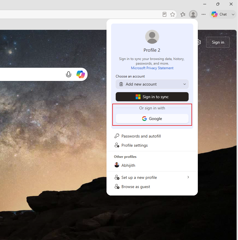 Новая опция входа через Google в Microsoft Edge