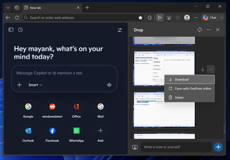 Функция Drop в Microsoft Edge