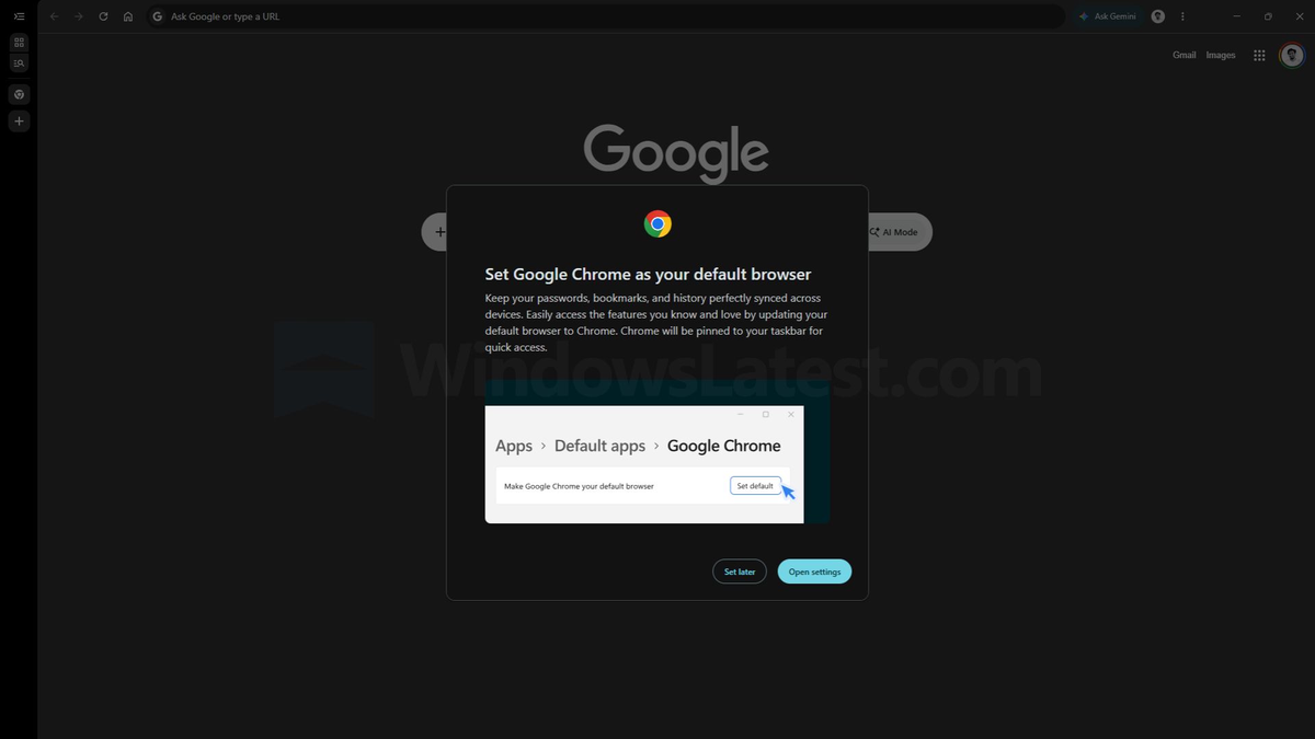 Google Chrome с крупным всплывающим окном в центре экрана с просьбой сделать браузером по умолчанию