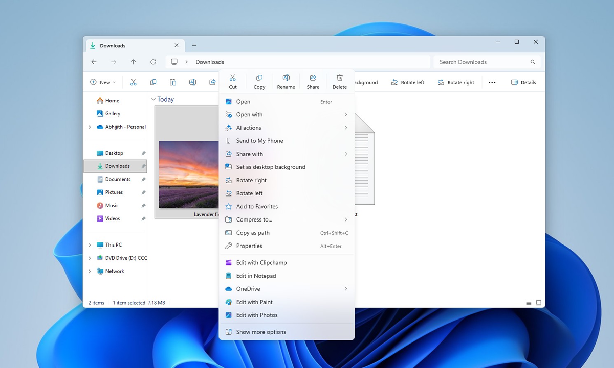 Текущее состояние контекстного меню в Windows 11