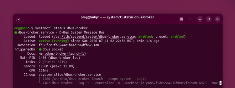 dbus-broker в Ubuntu 26.04, подтверждение через systemctl status