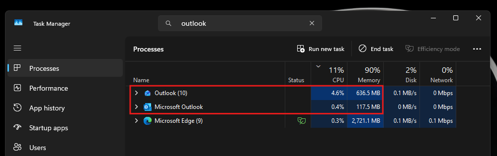 Разница в использовании ОЗУ и ЦП между новым Outlook и Outlook Classic
