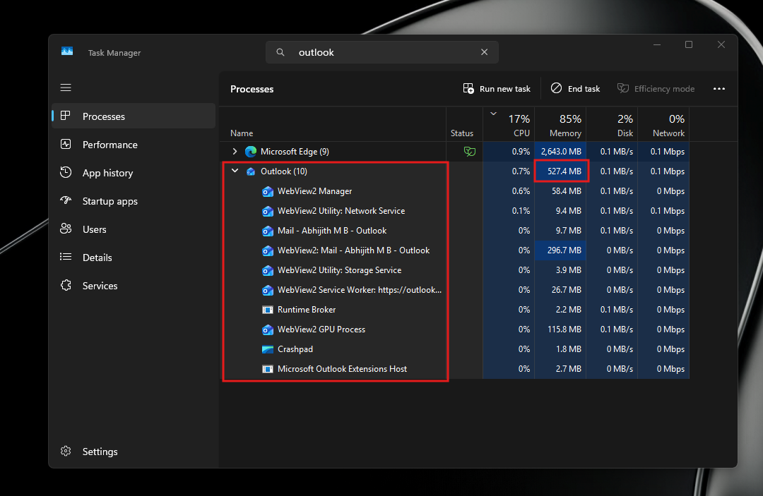 Потребление ОЗУ Outlook с открытыми процессами