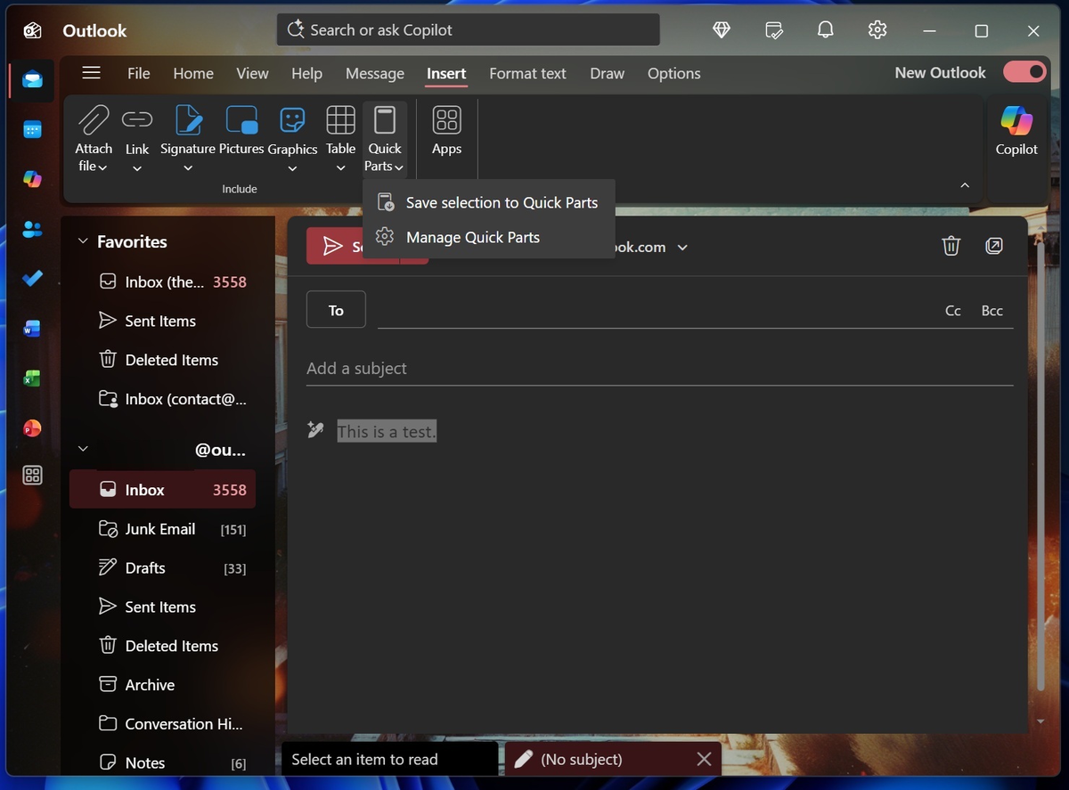 Quick Parts в новом Outlook на вкладке «Вставка»
