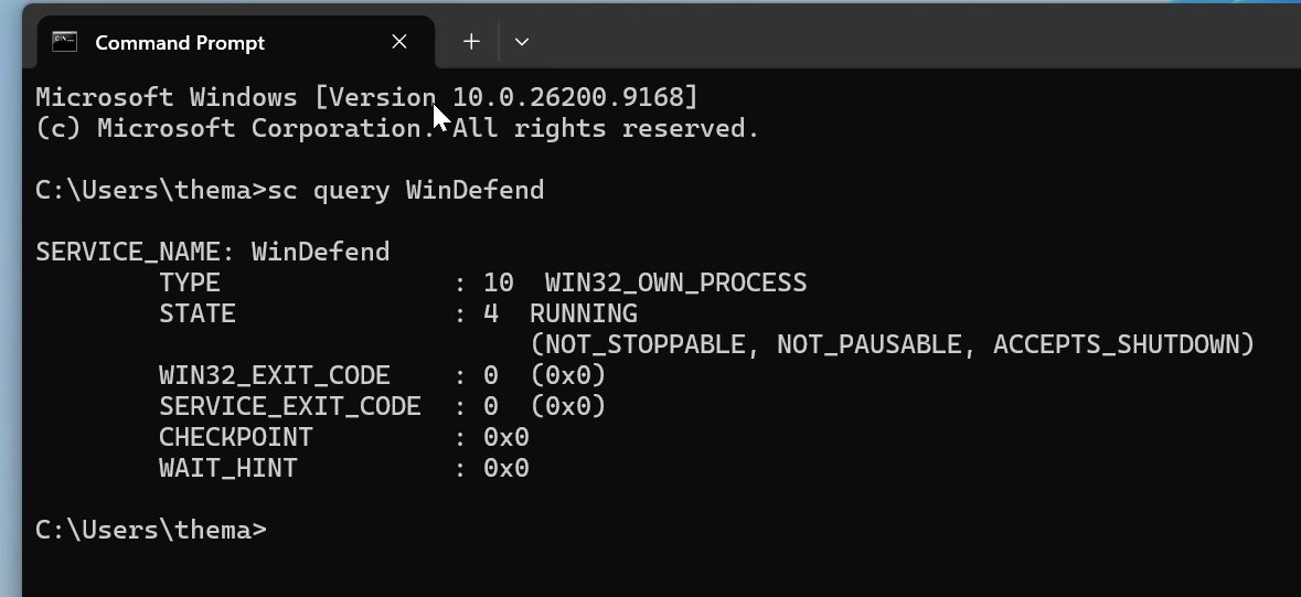 Запуск sc query WinDefend в командной строке Windows