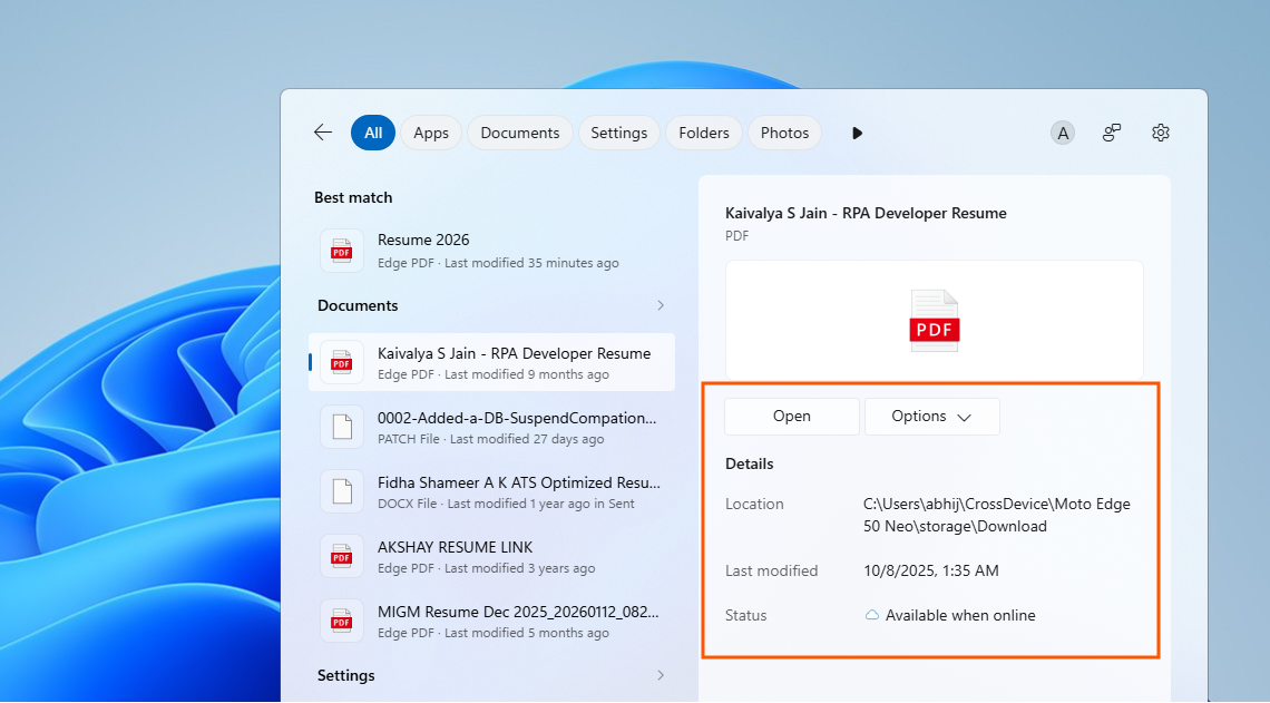 Поиск отображает больше метаданных о локальных файлах