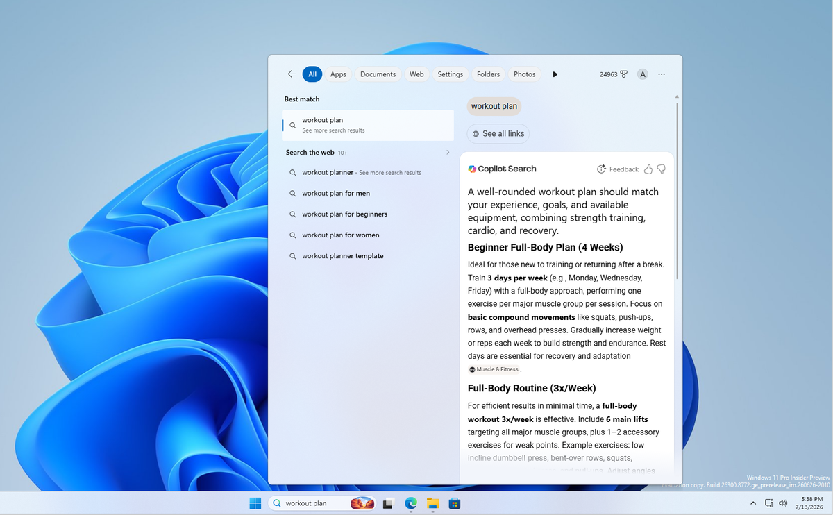 Поиск плана тренировки в новом поиске Windows