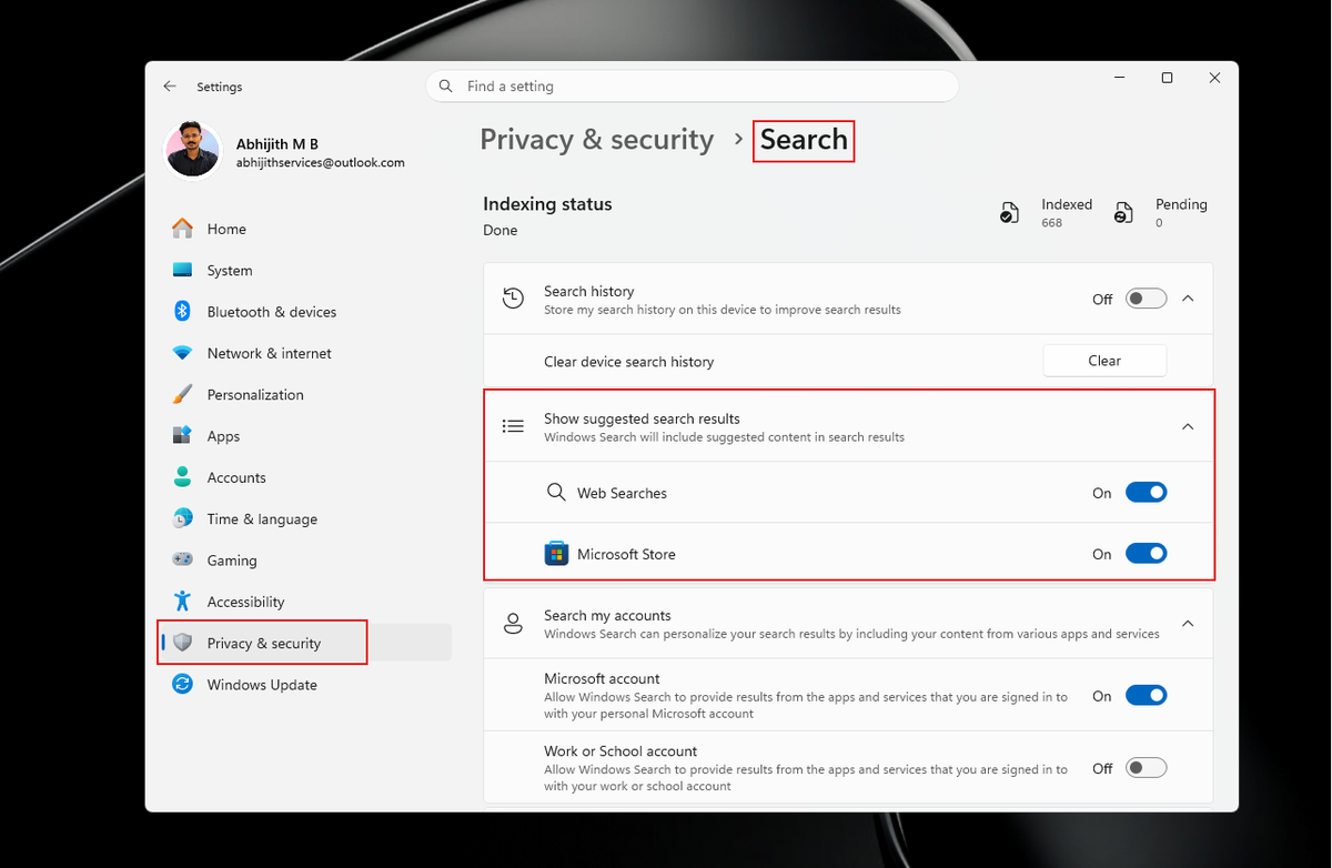 Переключатель для отключения веб-поиска и поиска в Microsoft Store в поиске Windows