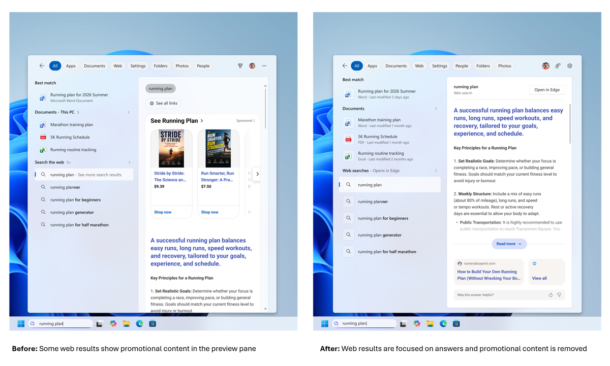 Microsoft перестала показывать спонсорские результаты в поиске Windows. Источник: Microsoft