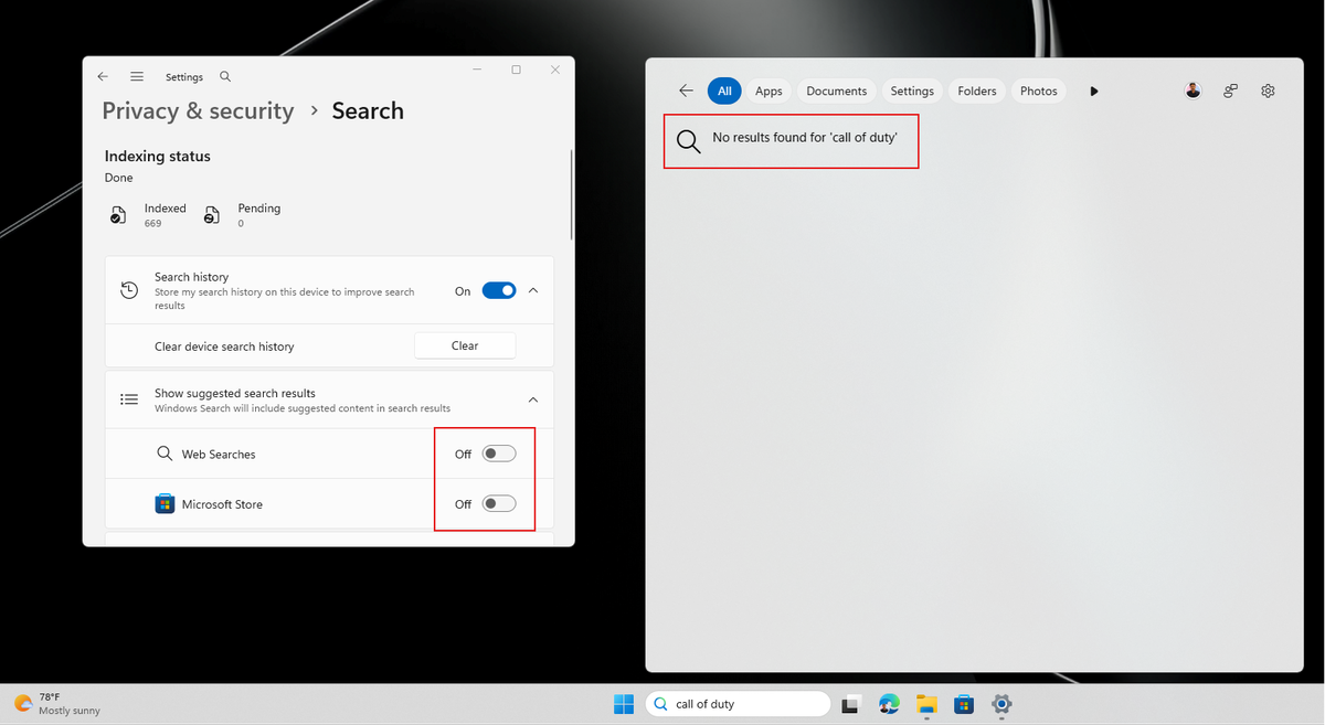 Поиск Windows не показывает результатов по запросу при отключённых веб-результатах и Microsoft Store