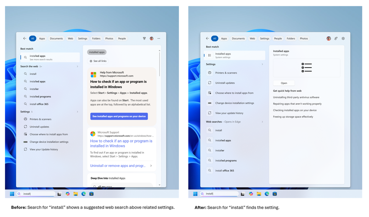 Поиск показывает настройки Windows вместо веб-результатов. Источник: Microsoft