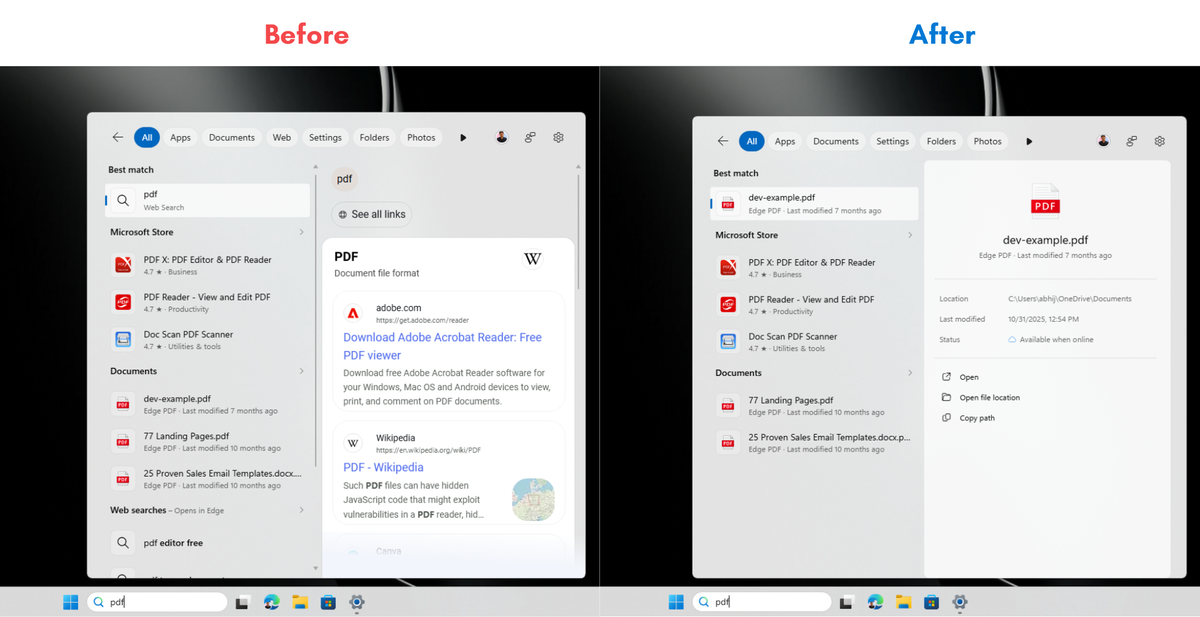 До и после отключения веб-поиска в Windows Search
