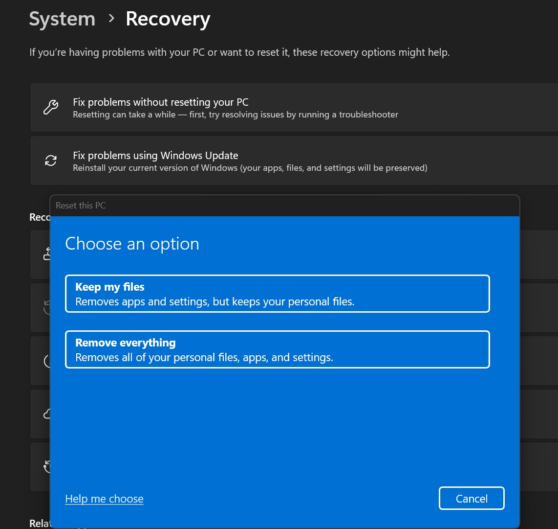 Сброс компьютера в Windows 11