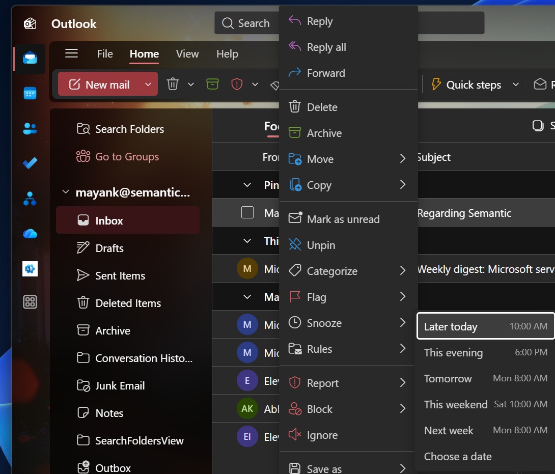 Функция откладывания писем в новом Outlook